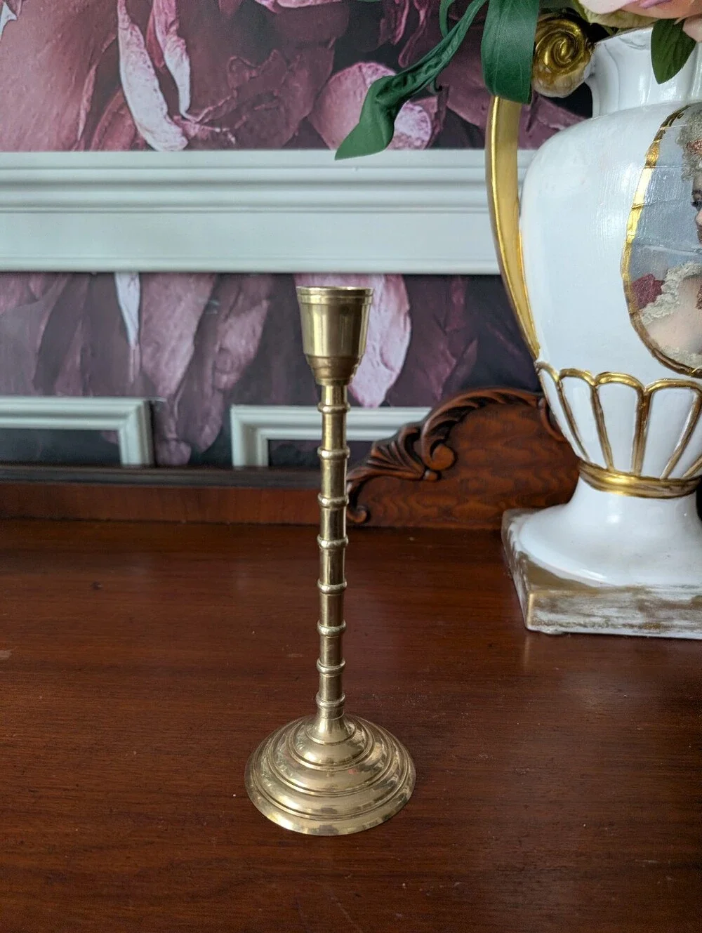 Vintage, tall brass taper candle holder, slender, turned column design, India